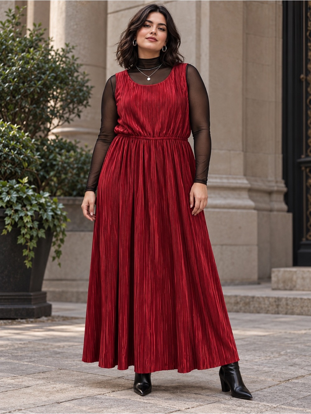 Anne Klein Red Plissé Pleated Sleeveless Maxi Dress Large